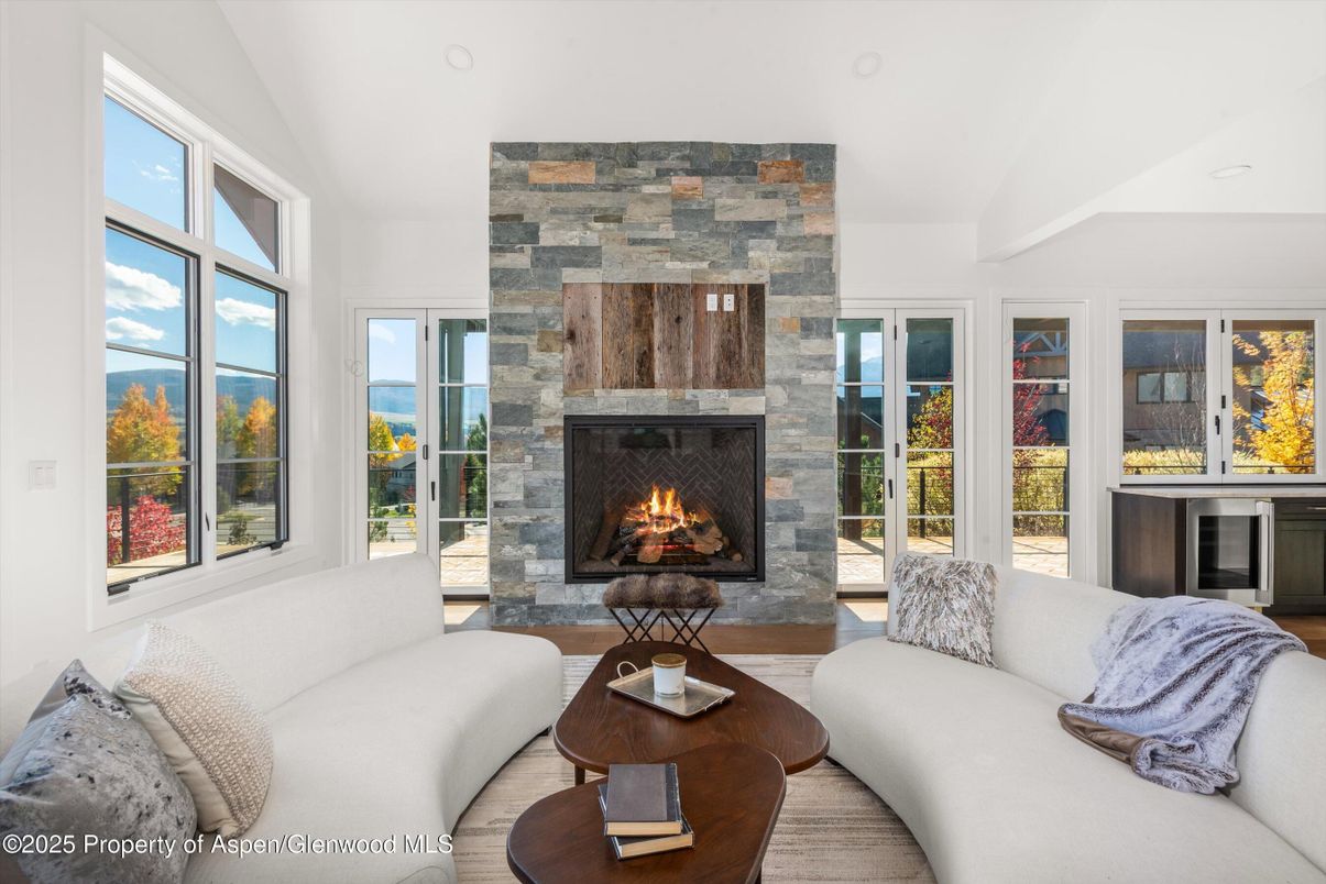 Fireplace, Interior, Living room, Stone Walls, Water, Wood Texture Flooring