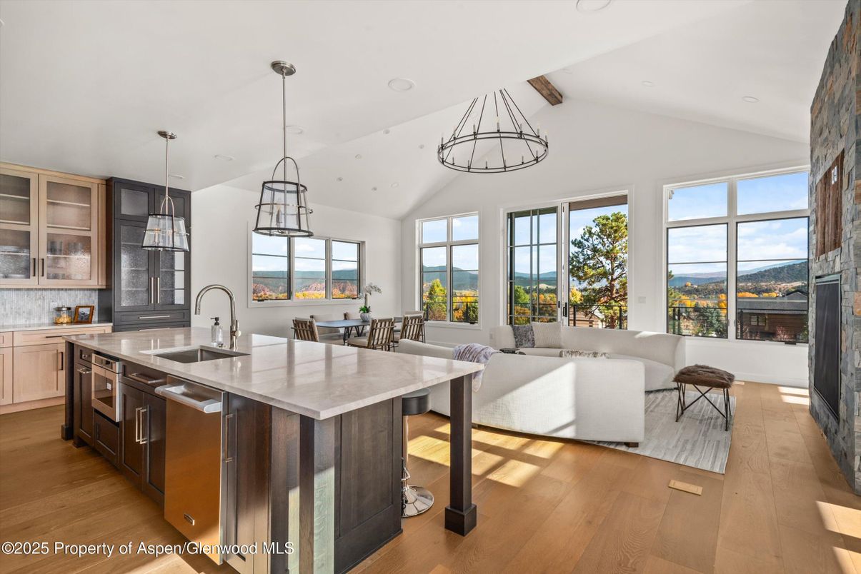 Dining room, Interior, Kitchen, Living room, Pendant Lights, Recessed Lighting, Water, Wooden Beams, Wood Texture Flooring
