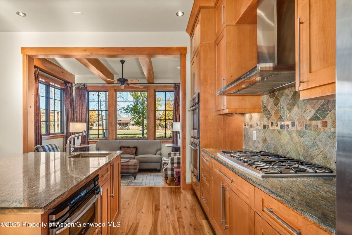 Interior, Kitchen, Living room, Recessed Lighting, Stainless Steel Appliances, Wooden Beams, Wood Texture Flooring