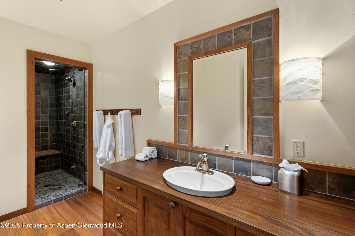 Bathroom, Glass Shower, Interior, Wood Texture Flooring