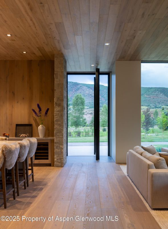 Fireplace, Interior, Recessed Lighting, Stone Walls, Water, Wooden Ceilings, Wood Texture Flooring, Wooden Walls