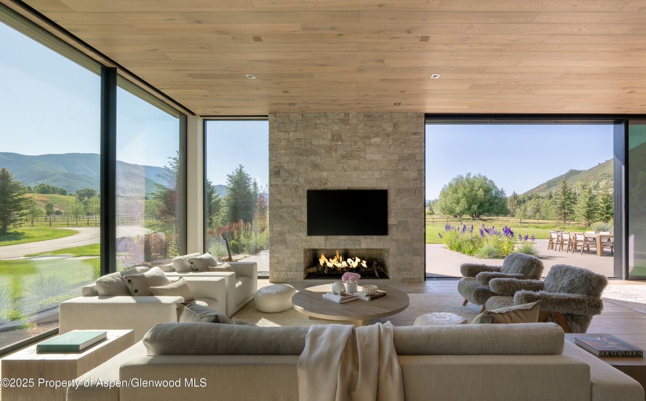 Fireplace, Interior, Living room, Recessed Lighting, Stone Walls, Wooden Ceilings, Wood Texture Flooring