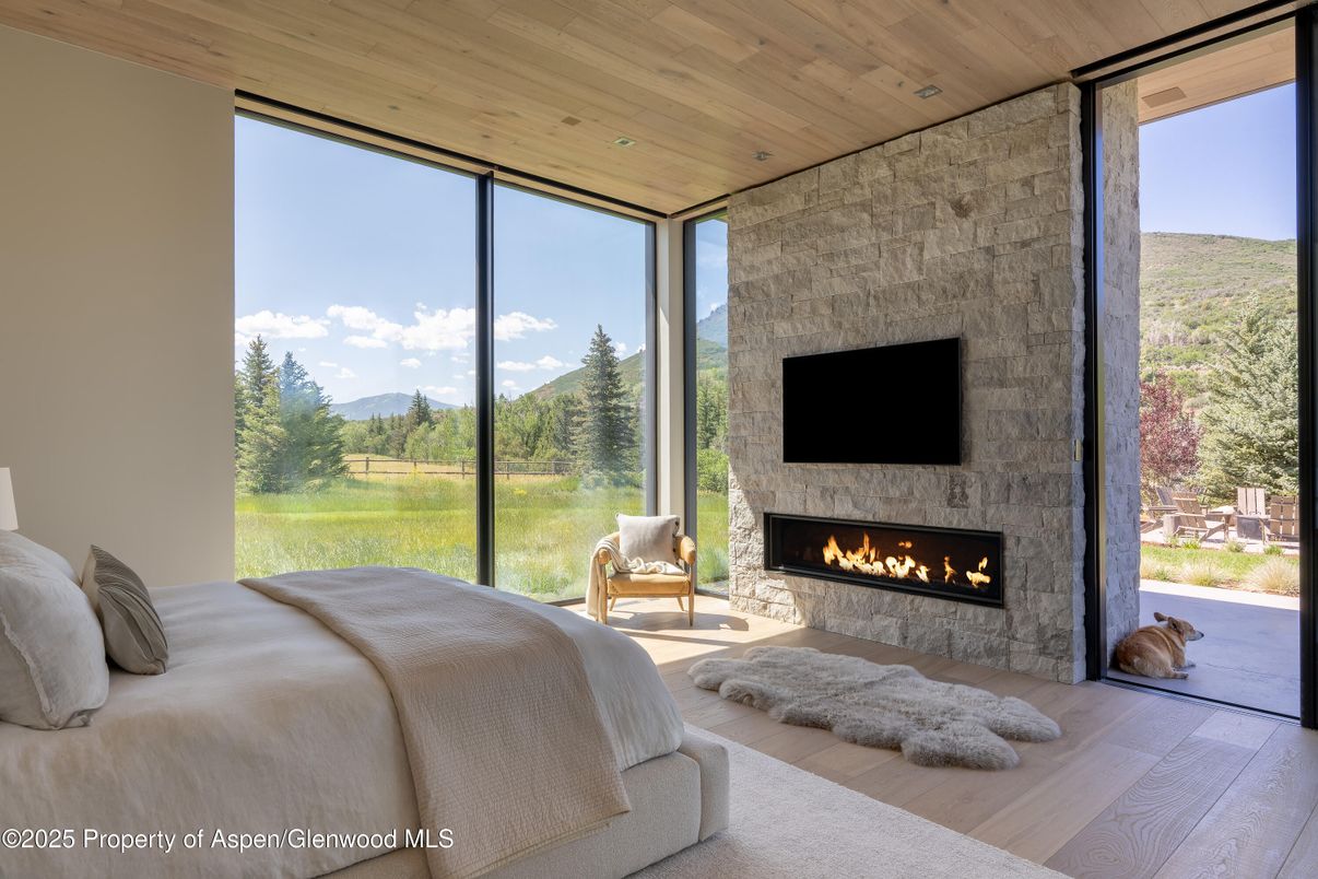 Bedroom, Fireplace, Interior, Recessed Lighting, Wooden Ceilings, Wood Texture Flooring