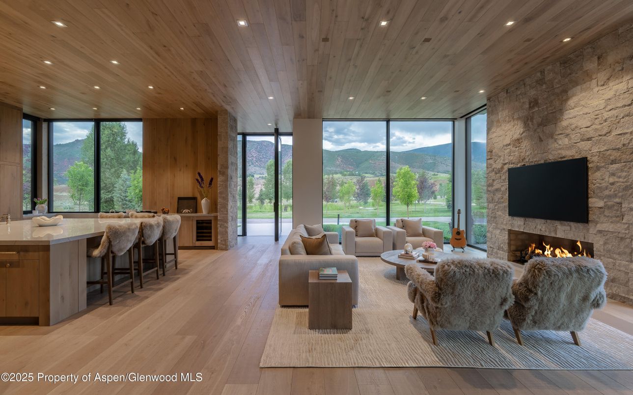 Fireplace, Interior, Living room, Recessed Lighting, Stone Walls, Wooden Ceilings, Wood Texture Flooring, Wooden Walls