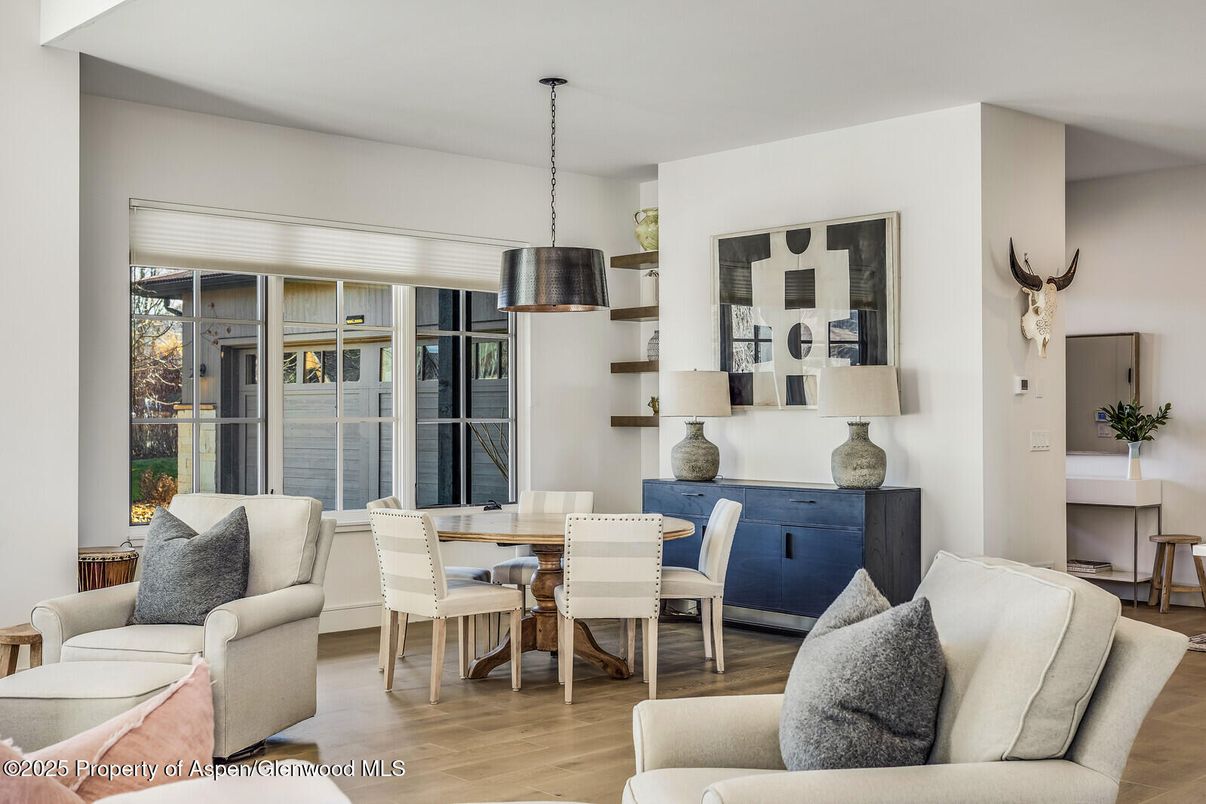 Dining room, Interior, Living room, Pendant Lights, Wood Texture Flooring