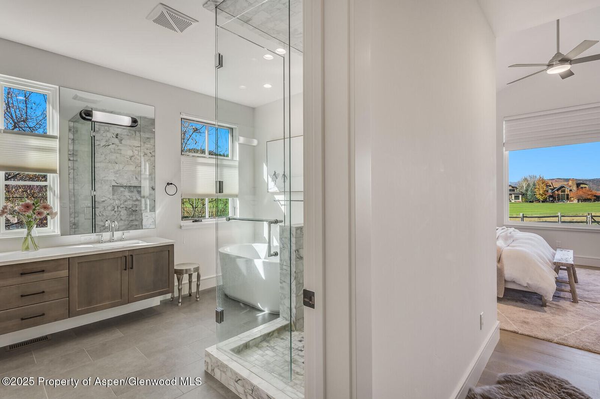 Bathroom, Dual Sink Vanities, Free Standing Baths, Glass Shower, Interior, Recessed Lighting