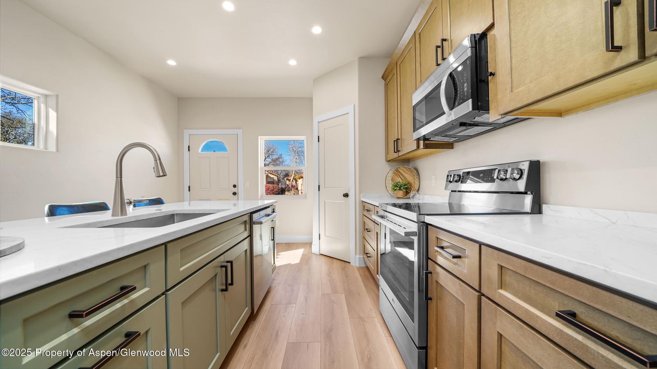 Interior, Kitchen, Recessed Lighting, Stainless Steel Appliances, Wood Texture Flooring