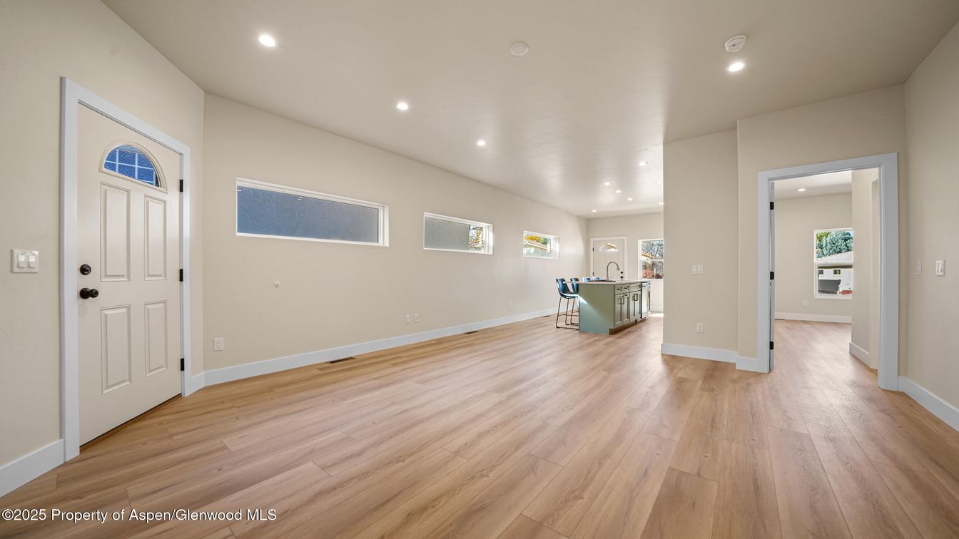Empty room, Interior, Kitchen, Recessed Lighting, Wood Texture Flooring
