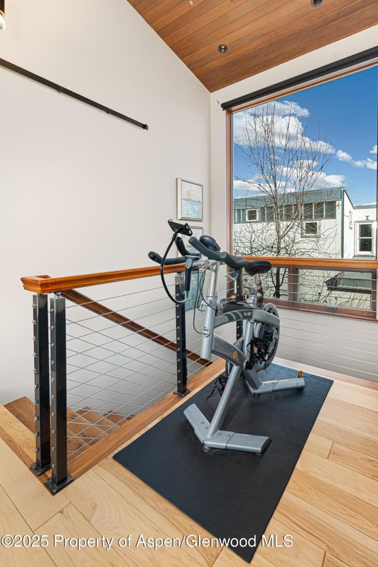 Fitness Equipment, Interior, Recessed Lighting, Wooden Ceilings, Wood Texture Flooring