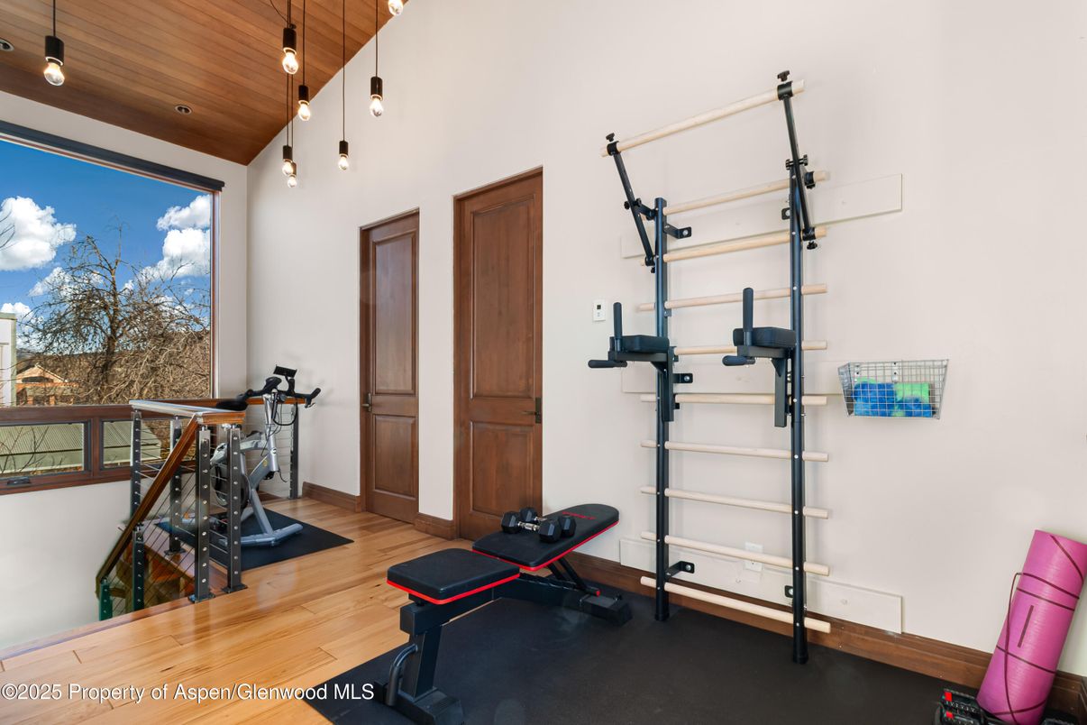 Fitness Equipment, Interior, Pendant Lights, Wooden Ceilings, Wood Texture Flooring