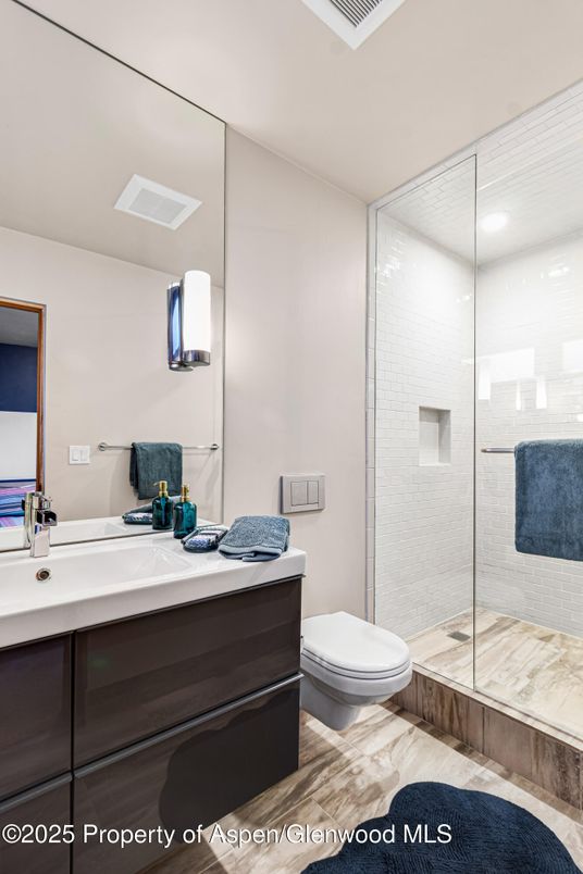 Bathroom, Glass Shower, Interior, Recessed Lighting, Wood Texture Flooring