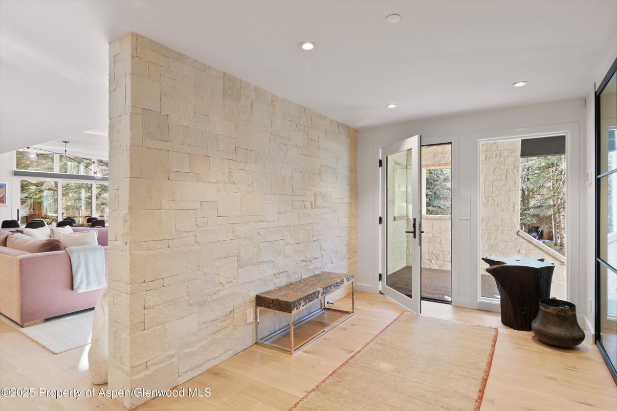 Interior, Recessed Lighting, Stone Walls, Wood Texture Flooring