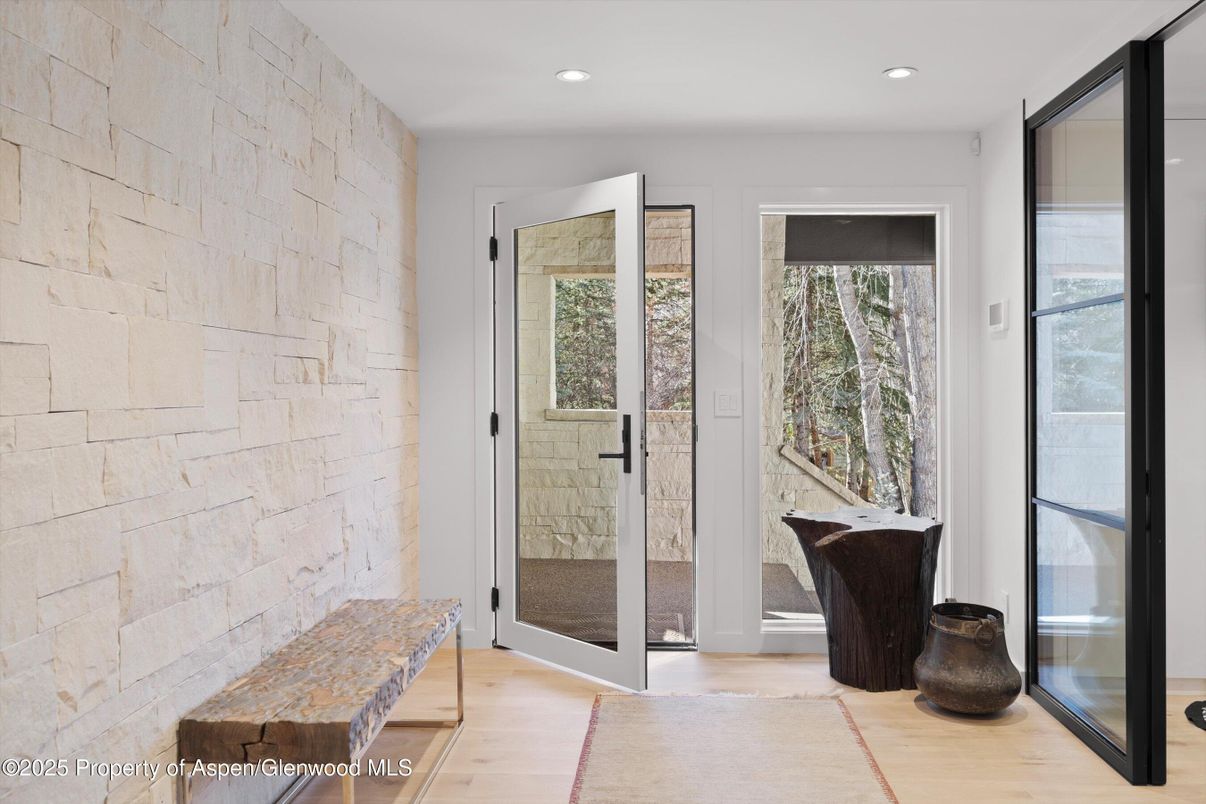 Interior, Recessed Lighting, Stone Walls, Wood Texture Flooring