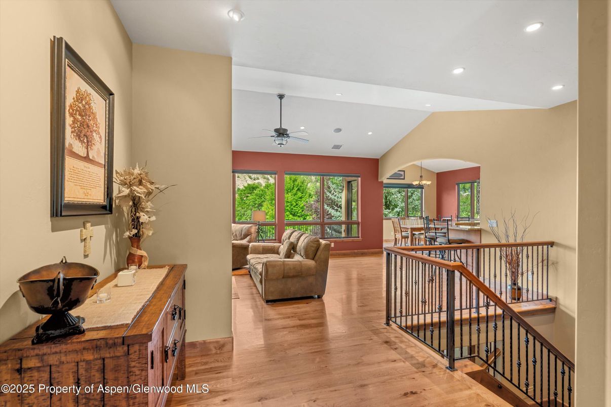 Dining room, Interior, Living room, Recessed Lighting, Wood Texture Flooring