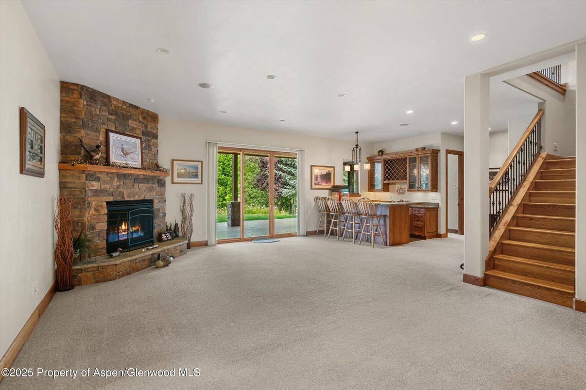 Fireplace, Interior, Kitchen, Pendant Lights, Recessed Lighting, Stone Walls