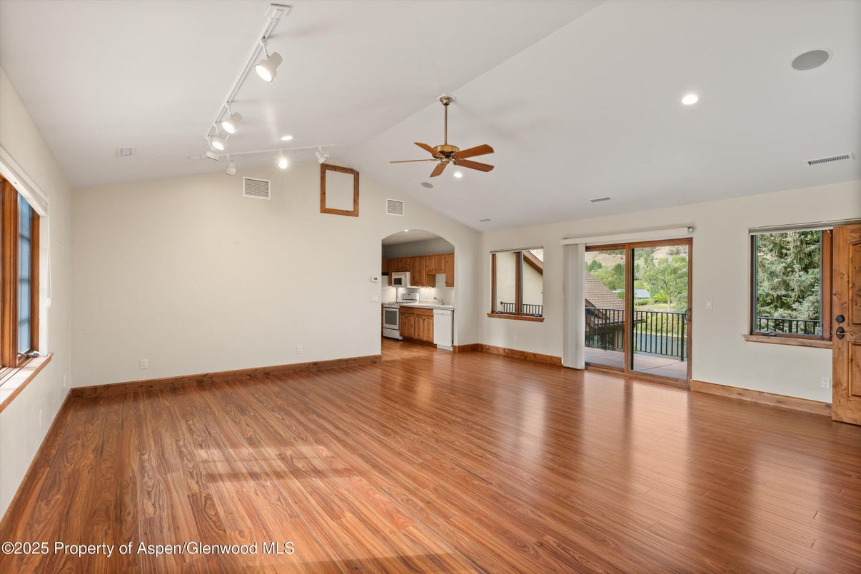 Empty room, Interior, Kitchen, Recessed Lighting, Wood Texture Flooring