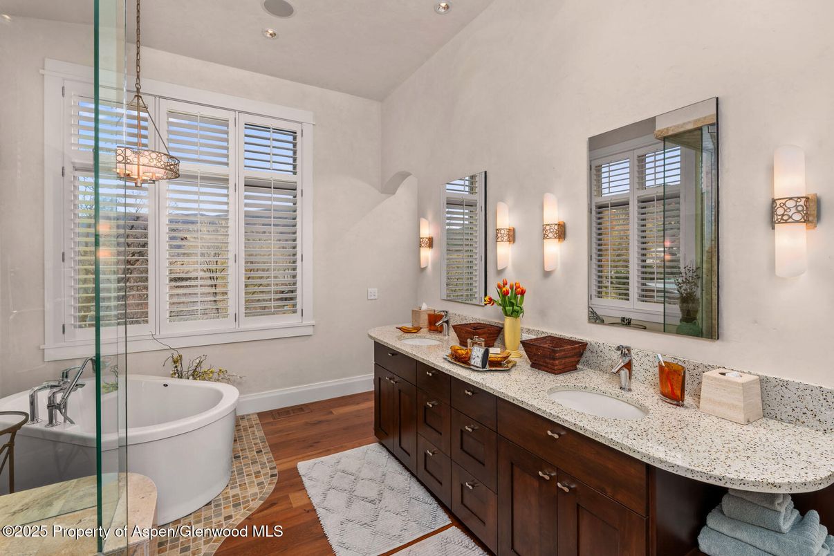 Bathroom, Dual Sink Vanities, Free Standing Baths, Glass Shower, Interior, Recessed Lighting, Wood Texture Flooring