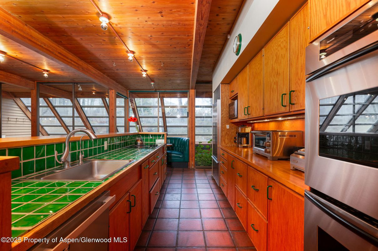 Interior, Kitchen, Stainless Steel Appliances, Tile Countertops, Wooden Beams, Wooden Ceilings