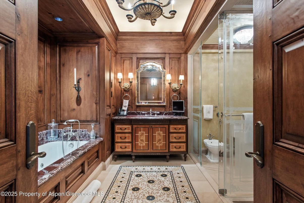 Bathroom, Dual Sink Vanities, Glass Shower, Interior, Recessed Lighting, Wooden Walls
