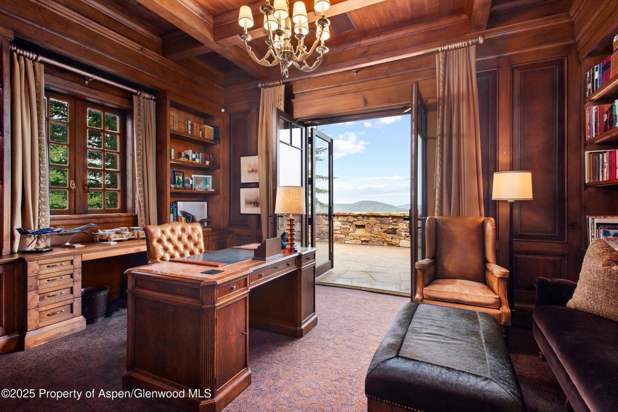 Chandelier, Home Office, Interior, Wooden Beams, Wooden Ceilings, Wooden Walls