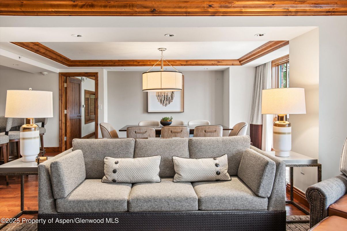 Dining room, Interior, Living room, Pendant Lights, Recessed Lighting, Wood Texture Flooring