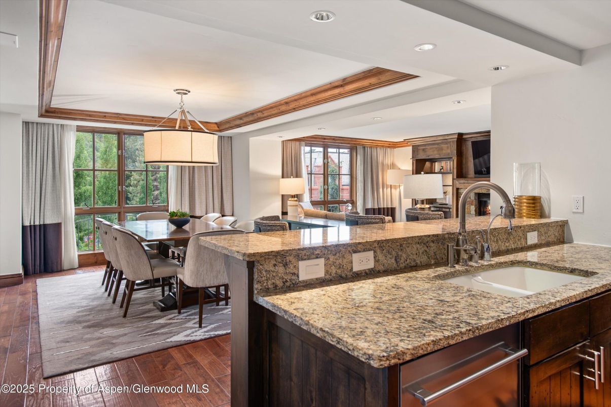 Dining room, Interior, Pendant Lights, Recessed Lighting, Wood Texture Flooring