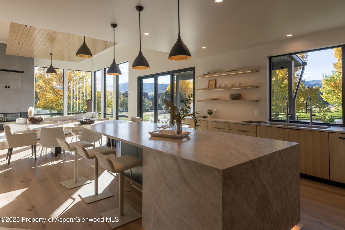 Dining room, Interior, Pendant Lights, Recessed Lighting, Wood Texture Flooring