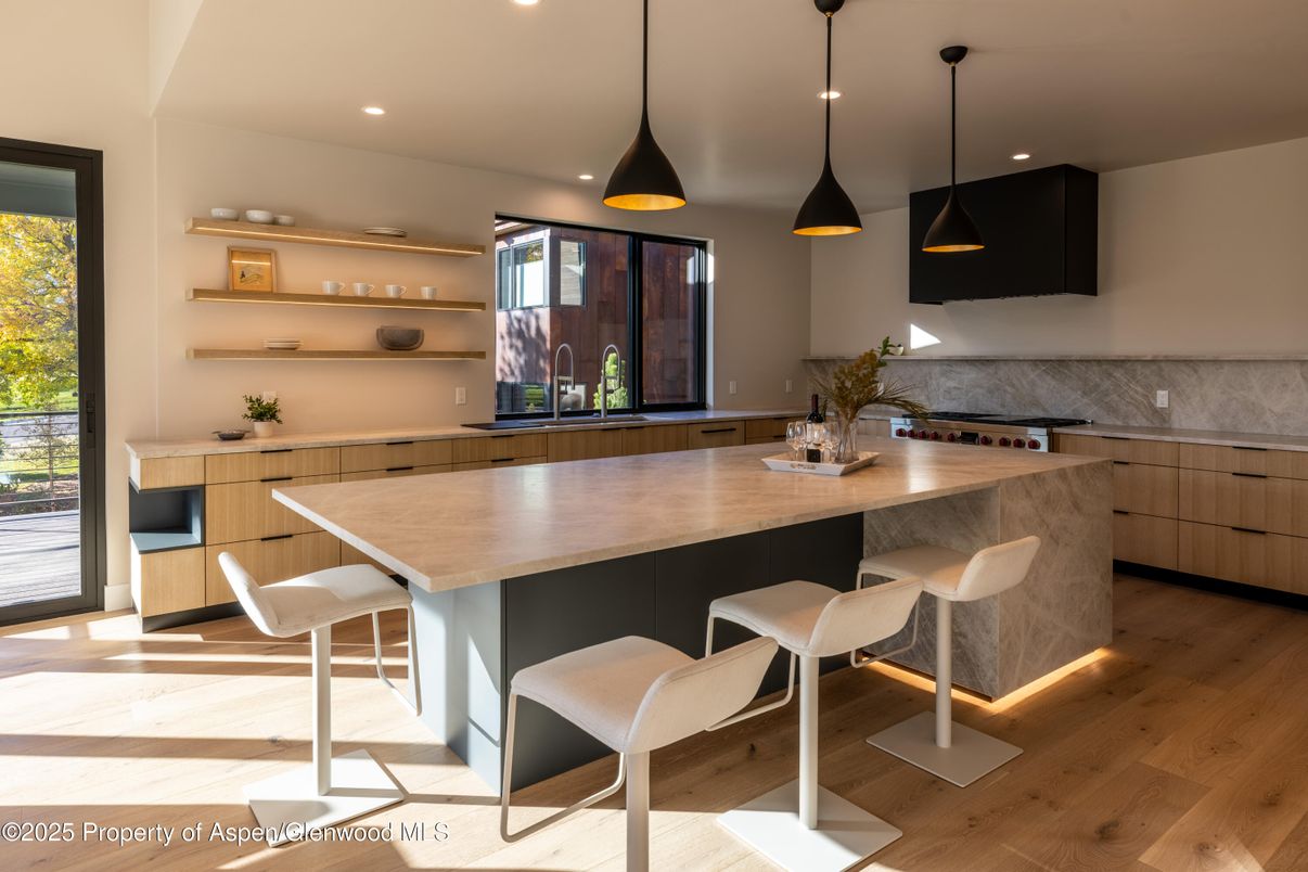 Interior, Kitchen, Pendant Lights, Recessed Lighting, Wood Texture Flooring