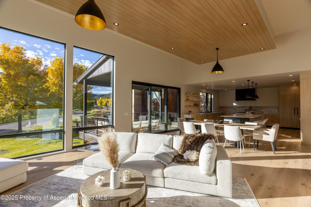 Dining room, Interior, Kitchen, Living room, Pendant Lights, Recessed Lighting, Stainless Steel Appliances, Wooden Ceilings, Wood Texture Flooring