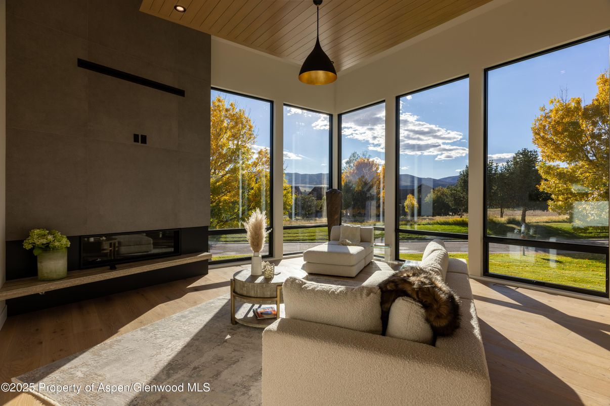 Fireplace, Interior, Pendant Lights, Sun Room, Wood Texture Flooring