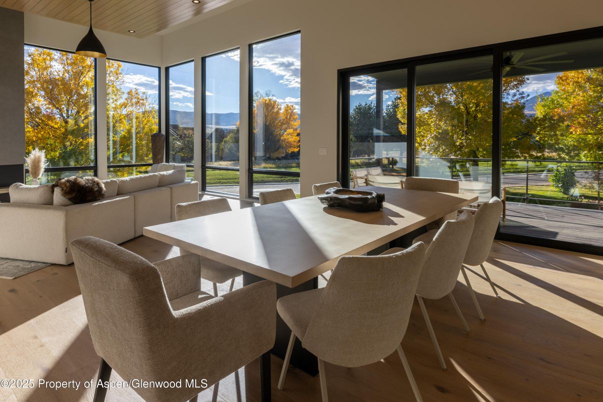 Dining room, Interior, Pendant Lights, Wood Texture Flooring