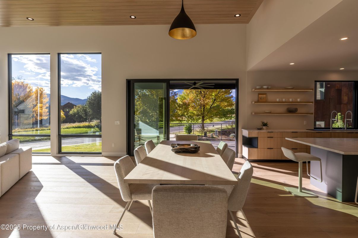 Dining room, Interior, Pendant Lights, Recessed Lighting, Wooden Ceilings, Wood Texture Flooring