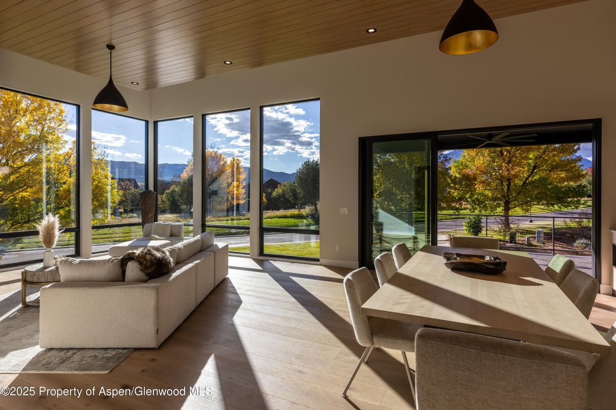Dining room, Interior, Pendant Lights, Recessed Lighting, Wooden Ceilings, Wood Texture Flooring