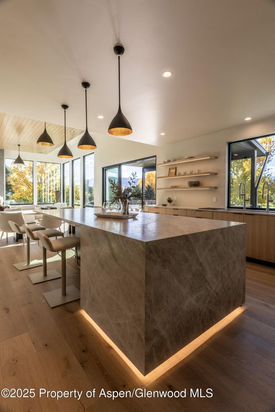 Dining room, Interior, Pendant Lights, Recessed Lighting, Wooden Ceilings, Wood Texture Flooring