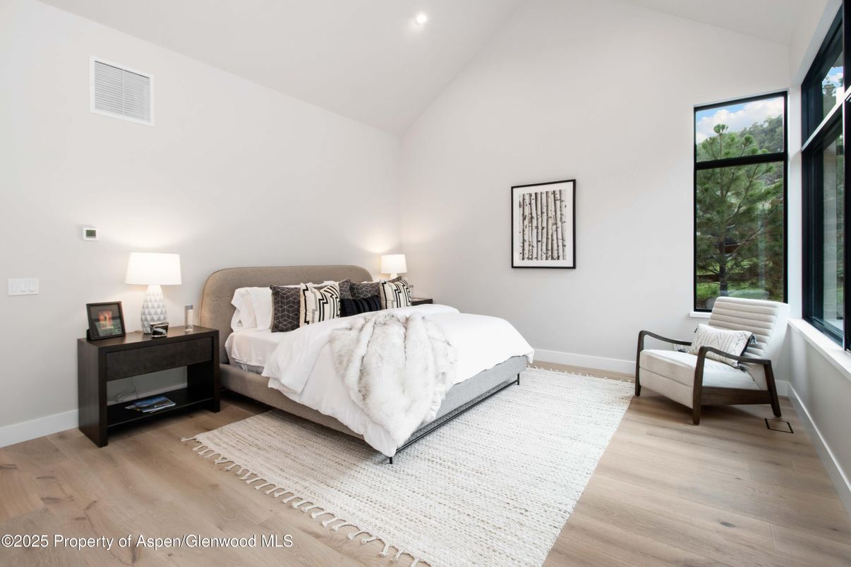 Bedroom, Interior, Recessed Lighting, Wood Texture Flooring