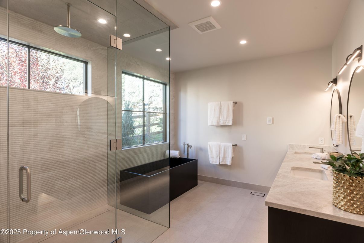 Bathroom, Dual Sink Vanities, Glass Shower, Interior, Recessed Lighting