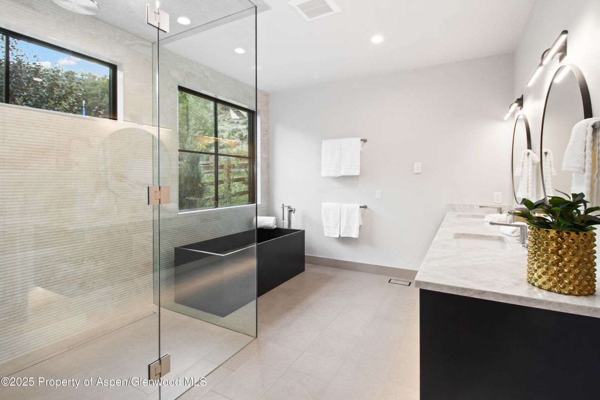Bathroom, Dual Sink Vanities, Glass Shower, Interior, Recessed Lighting