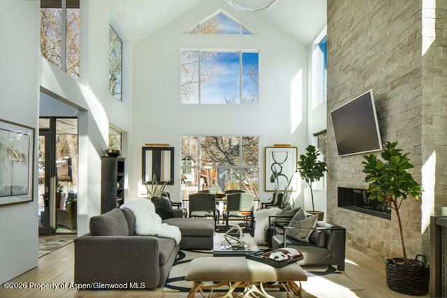 Fireplace, Interior, Living room, Stone Walls, Wood Texture Flooring