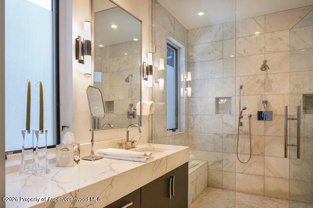 Bathroom, Glass Shower, Interior, Marble Walls, Recessed Lighting