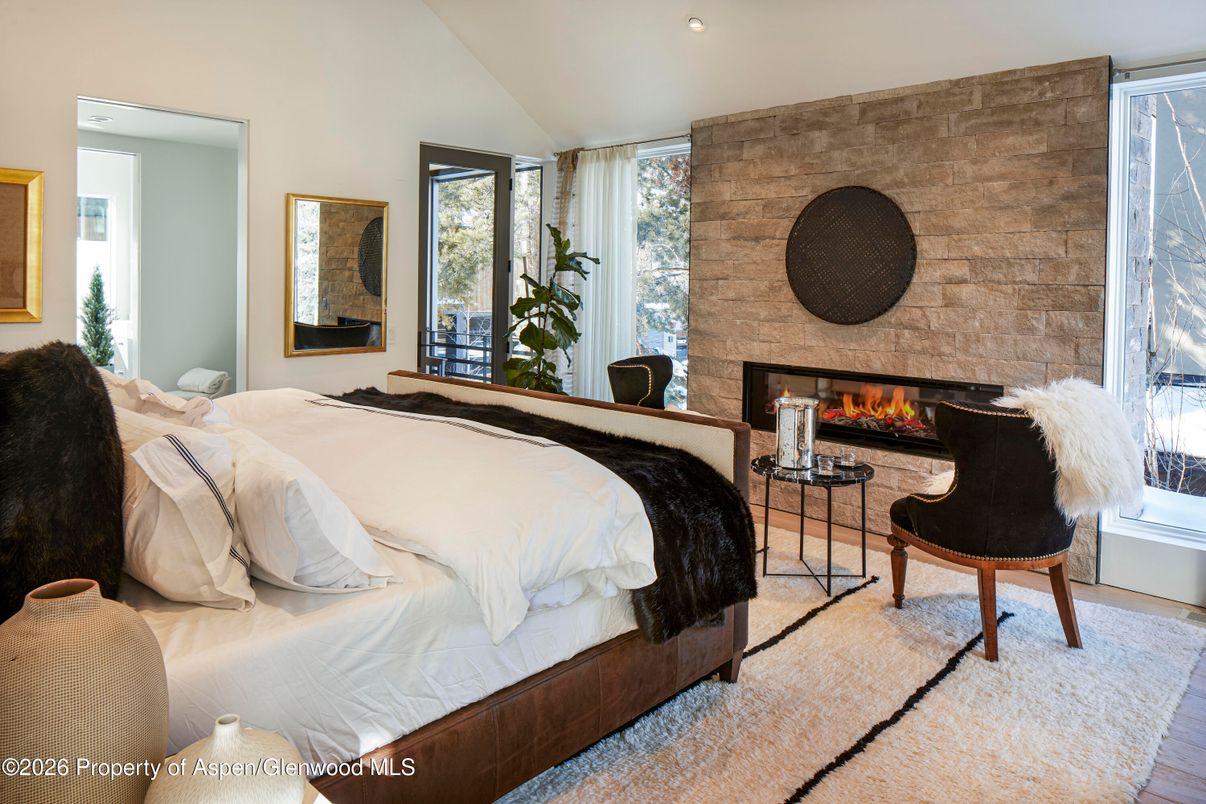 Bedroom, Fireplace, Interior, Recessed Lighting, Stone Walls
