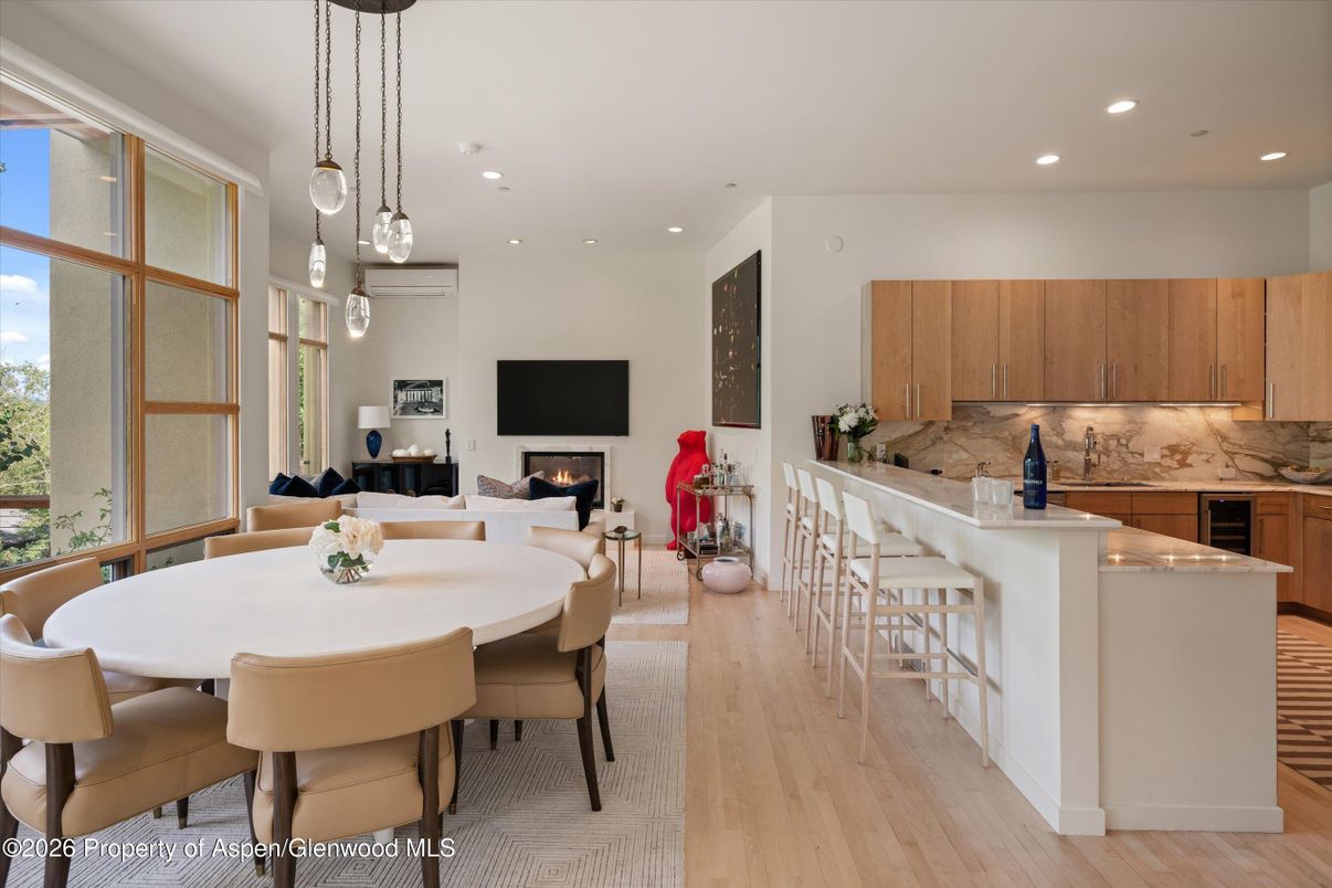 Dining room, Fireplace, Interior, Kitchen, Living room, Pendant Lights, Recessed Lighting, Wood Texture Flooring