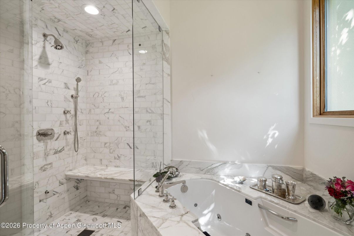 Bathroom, Glass Shower, Interior, Marble, Marble Walls, Recessed Lighting