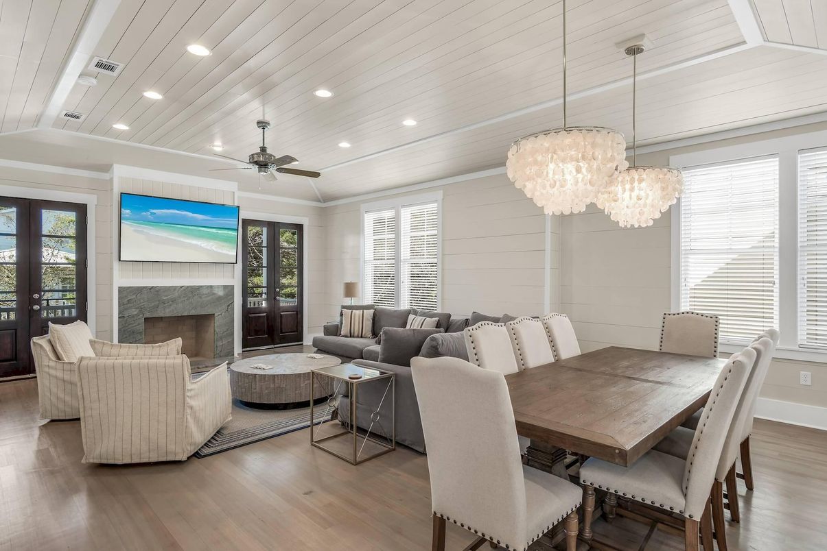 Chandelier, Dining room, Fireplace, Interior, Living room, Recessed Lighting, Wood Texture Flooring