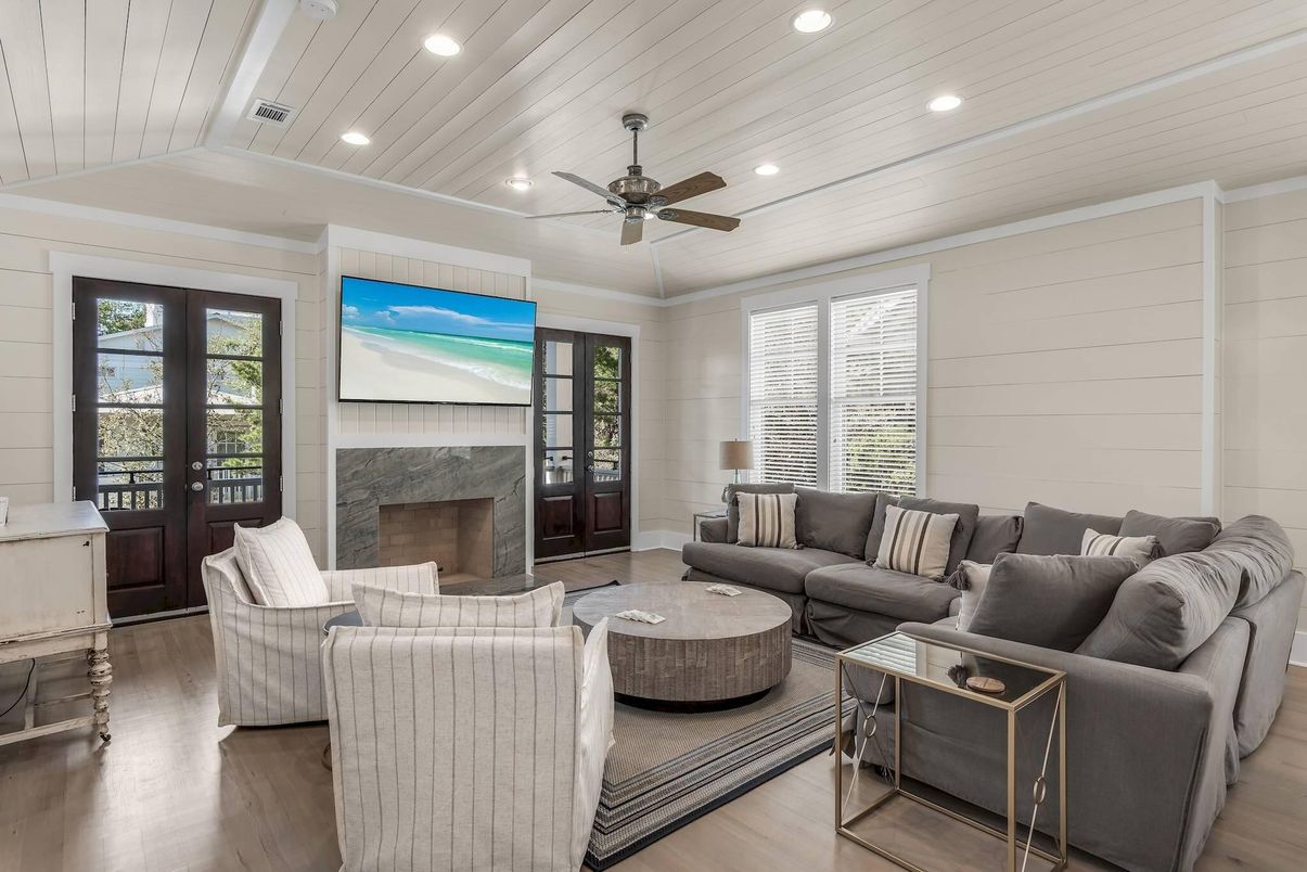 Fireplace, Interior, Living room, Recessed Lighting, Wood Texture Flooring