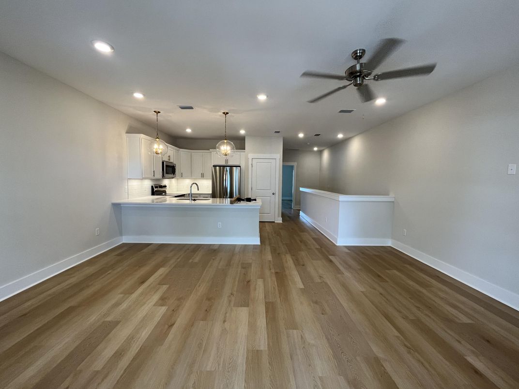 Empty room, Interior, Kitchen, Pendant Lights, Recessed Lighting, Wood Texture Flooring