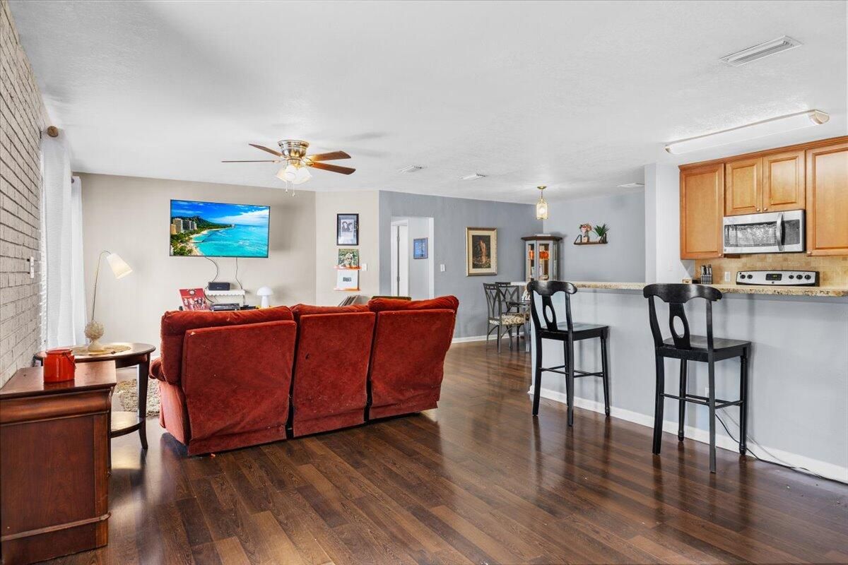 Dining room, Interior, Kitchen, Living room, Pendant Lights, Stone Walls, Wood Texture Flooring