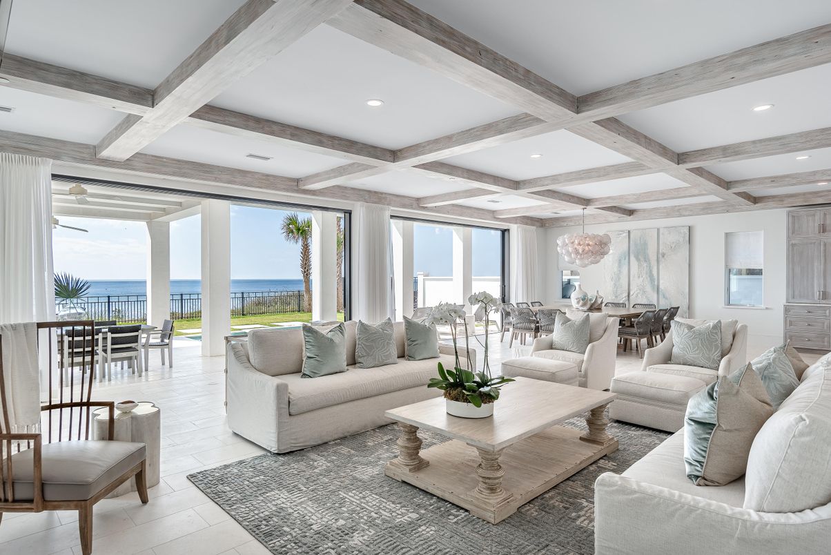 Chandelier, Dining room, Interior, Living room, Recessed Lighting, Water, Wooden Beams