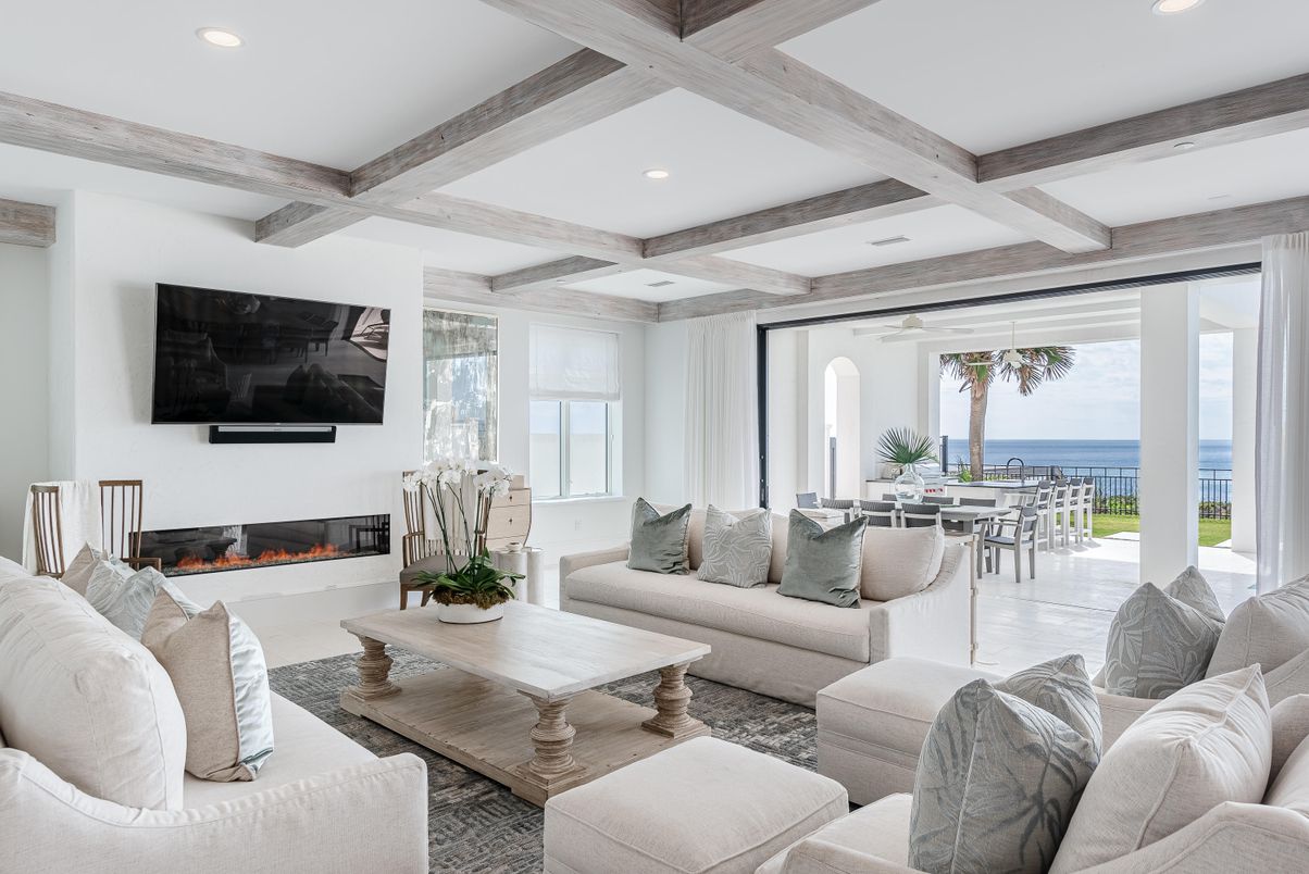 Dining room, Fireplace, Interior, Living room, Recessed Lighting, Water, Wooden Beams