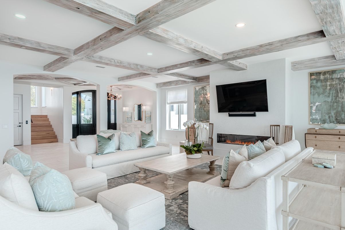 Fireplace, Interior, Living room, Recessed Lighting, Wooden Beams, Wood Texture Flooring