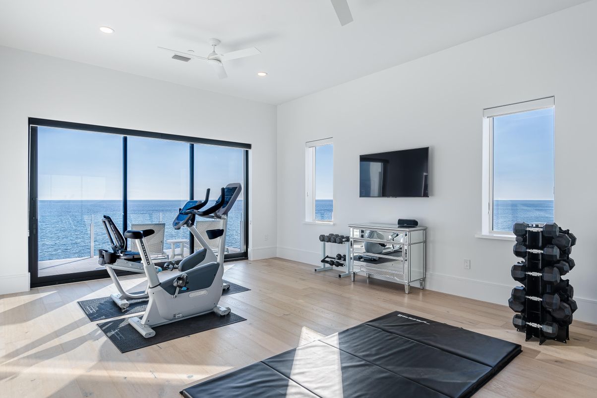 Fitness Equipment, Gym, Interior, Recessed Lighting, Water, Wood Texture Flooring